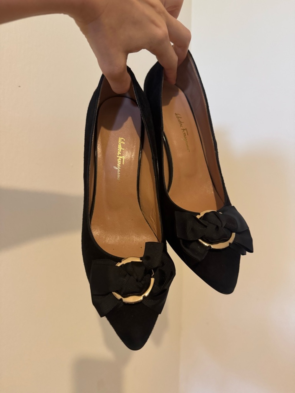 Salvatore Ferragamo Black Suede Pointed Toe Pumps with Bow and Gold Ring
